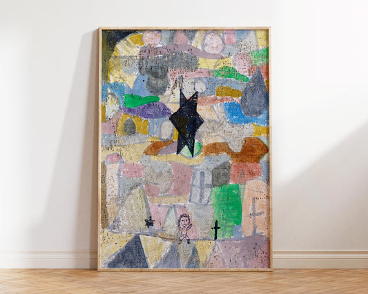 Green & Purple Abstract Large Wall Art, Under a Black Star by Paul Klee (1918), Vintage Painting Reproduction, Colourful Living Room Decor