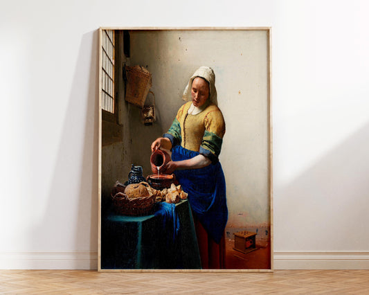 Vintage Baroque Art Print by Johannes Vermeer, The Milkmaid (ca. 1660), Antique Famous Oil Painting Reproduction, Mid-Century Wall Art