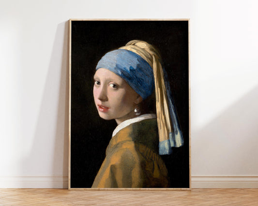Girl with a Pearl Earring Print by Johannes Vermeer, Vintage Famous Oil Painting Reproduction, Black & Yellow Baroque Wall Art