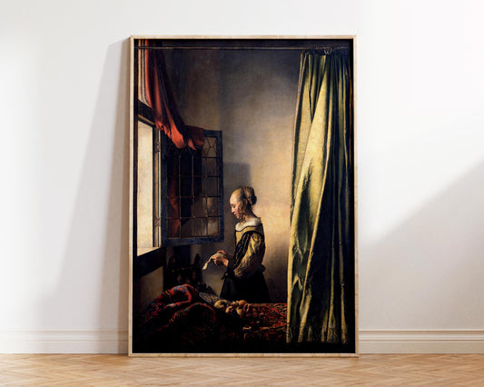 Vintage Art Print by Johannes Vermeer, Girl Reading a Letter by an Open Window (ca. 1659), Antique Famous Oil Painting Reproduction