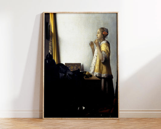 Vintage Art Print by Johannes Vermeer, Young Woman with a Pearl Necklace (ca. 1663), Antique Famous Oil Painting Reproduction